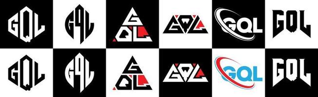 GQL letter logo design in six style. GQL polygon, circle, triangle, hexagon, flat and simple style with black and white color variation letter logo set in one artboard. GQL minimalist and classic logo vector