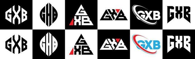 GXB letter logo design in six style. GXB polygon, circle, triangle, hexagon, flat and simple style with black and white color variation letter logo set in one artboard. GXB minimalist and classic logo vector