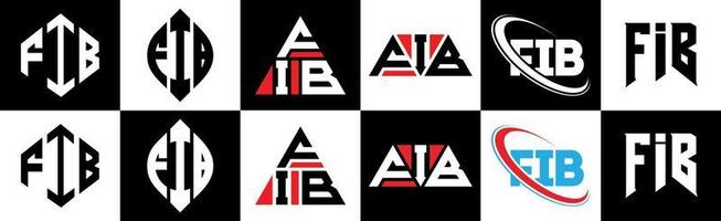 FIB letter logo design in six style. FIB polygon, circle, triangle, hexagon, flat and simple style with black and white color variation letter logo set in one artboard. FIB minimalist and classic logo vector