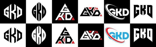 Diseño de logotipo de letra gkd en seis estilos. gkd polígono, círculo, triángulo, hexágono, estilo plano y simple con logotipo de letra de variación de color blanco y negro en una mesa de trabajo. logotipo minimalista y clásico de gkd vector