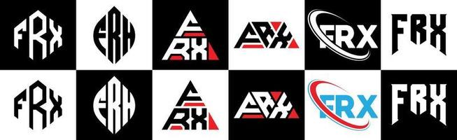 FRX letter logo design in six style. FRX polygon, circle, triangle, hexagon, flat and simple style with black and white color variation letter logo set in one artboard. FRX minimalist and classic logo vector