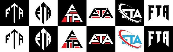 FTA letter logo design in six style. FTA polygon, circle, triangle, hexagon, flat and simple style with black and white color variation letter logo set in one artboard. FTA minimalist and classic logo vector