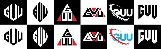 GUU letter logo design in six style. GUU polygon, circle, triangle, hexagon, flat and simple style with black and white color variation letter logo set in one artboard. GUU minimalist and classic logo vector