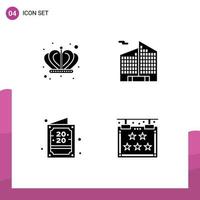 Group of 4 Modern Solid Glyphs Set for crown new year building card hotel Editable Vector Design Elements