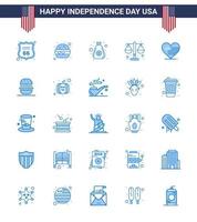 Happy Independence Day 4th July Set of 25 Blues American Pictograph of american heart money scale justice Editable USA Day Vector Design Elements