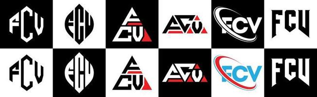 FCV letter logo design in six style. FCV polygon, circle, triangle, hexagon, flat and simple style with black and white color variation letter logo set in one artboard. FCV minimalist and classic logo vector