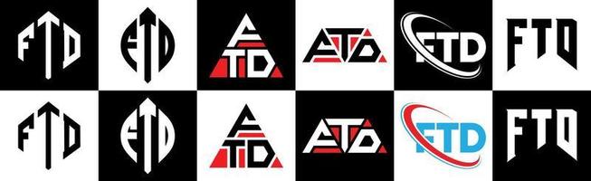 diseño de logotipo de letra ftd en seis estilos. polígono ftd, círculo, triángulo, hexágono, estilo plano y simple con logotipo de letra de variación de color blanco y negro en una mesa de trabajo. logotipo minimalista y clásico de ftd vector