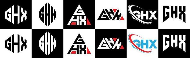 GHX letter logo design in six style. GHX polygon, circle, triangle, hexagon, flat and simple style with black and white color variation letter logo set in one artboard. GHX minimalist and classic logo vector