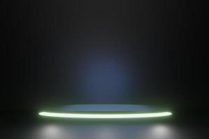 Black dark cosmic stage pedestal podium with shining green lighting, platform with promotion display 3d render photo