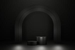 black arch and cylindrical platform stage for advertising products on dark background 3d render photo