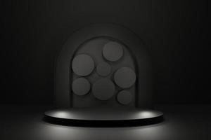 gray black abstract display stage with arch for promotion product,luxury geometric minimalistic podium in dark 3d render photo