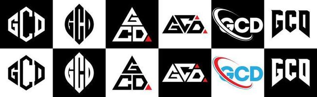 GCD letter logo design in six style. GCD polygon, circle, triangle, hexagon, flat and simple style with black and white color variation letter logo set in one artboard. GCD minimalist and classic logo vector