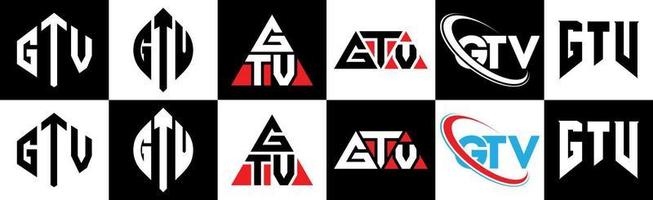 diseño de logotipo de letra gtv en seis estilos. polígono gtv, círculo, triángulo, hexágono, estilo plano y simple con logotipo de letra de variación de color blanco y negro en una mesa de trabajo. logotipo minimalista y clásico de gtv vector