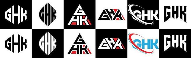 GHK letter logo design in six style. GHK polygon, circle, triangle, hexagon, flat and simple style with black and white color variation letter logo set in one artboard. GHK minimalist and classic logo vector