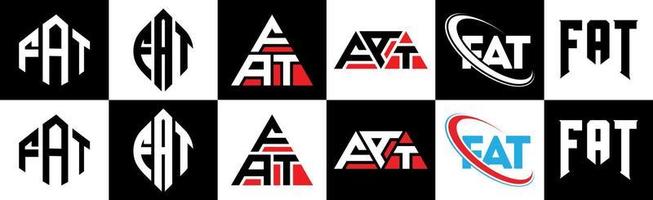 FAT letter logo design in six style. FAT polygon, circle, triangle, hexagon, flat and simple style with black and white color variation letter logo set in one artboard. FAT minimalist and classic logo vector
