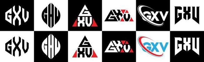 GXV letter logo design in six style. GXV polygon, circle, triangle, hexagon, flat and simple style with black and white color variation letter logo set in one artboard. GXV minimalist and classic logo vector