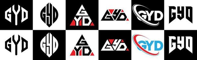 diseño de logotipo de letra gyd en seis estilos. polígono gyd, círculo, triángulo, hexágono, estilo plano y simple con logotipo de letra de variación de color blanco y negro en una mesa de trabajo. logotipo minimalista y clásico de gyd vector