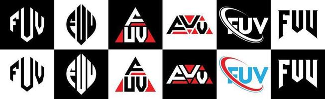 diseño de logotipo de letra fuv en seis estilos. fuv polígono, círculo, triángulo, hexágono, estilo plano y simple con logotipo de letra de variación de color blanco y negro en una mesa de trabajo. logotipo fuv minimalista y clásico vector