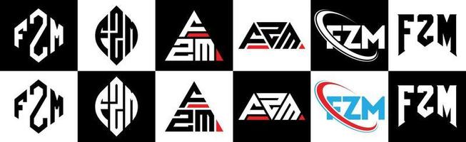 diseño de logotipo de letra fzm en seis estilos. polígono fzm, círculo, triángulo, hexágono, estilo plano y simple con logotipo de letra de variación de color blanco y negro en una mesa de trabajo. logotipo minimalista y clásico de fzm vector