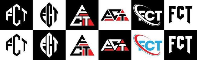 FCT letter logo design in six style. FCT polygon, circle, triangle, hexagon, flat and simple style with black and white color variation letter logo set in one artboard. FCT minimalist and classic logo vector