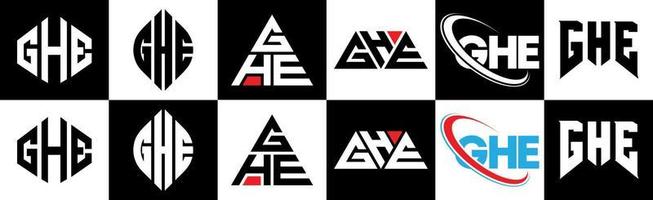 GHE letter logo design in six style. GHE polygon, circle, triangle, hexagon, flat and simple style with black and white color variation letter logo set in one artboard. GHE minimalist and classic logo vector