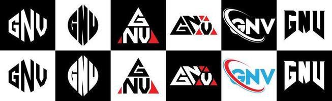 GNV letter logo design in six style. GNV polygon, circle, triangle, hexagon, flat and simple style with black and white color variation letter logo set in one artboard. GNV minimalist and classic logo vector