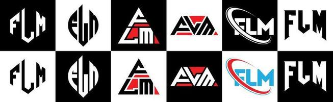 diseño de logotipo de letra flm en seis estilos. polígono de película, círculo, triángulo, hexágono, estilo plano y simple con logotipo de letra de variación de color blanco y negro en una mesa de trabajo. logotipo clásico y minimalista de cine vector