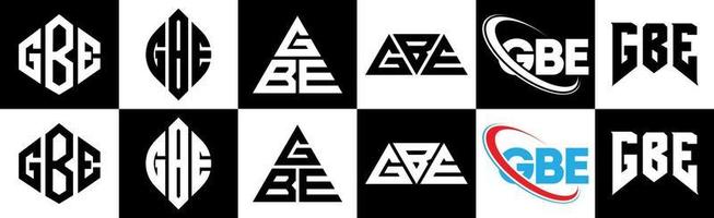 diseño de logotipo de letra gbe en seis estilos. gbe polígono, círculo, triángulo, hexágono, estilo plano y simple con logotipo de letra de variación de color blanco y negro en una mesa de trabajo. logotipo minimalista y clásico de gbe vector