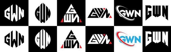 diseño de logotipo de letra gwn en seis estilos. polígono gwn, círculo, triángulo, hexágono, estilo plano y simple con logotipo de letra de variación de color blanco y negro en una mesa de trabajo. gwn logo minimalista y clásico vector