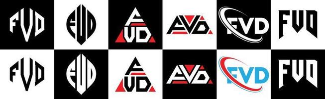 diseño de logotipo de letra fvd en seis estilos. fvd polígono, círculo, triángulo, hexágono, estilo plano y simple con logotipo de letra de variación de color blanco y negro en una mesa de trabajo. logotipo minimalista y clásico de fvd vector