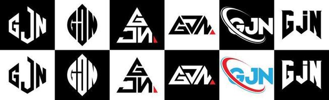 GJN letter logo design in six style. GJN polygon, circle, triangle, hexagon, flat and simple style with black and white color variation letter logo set in one artboard. GJN minimalist and classic logo vector