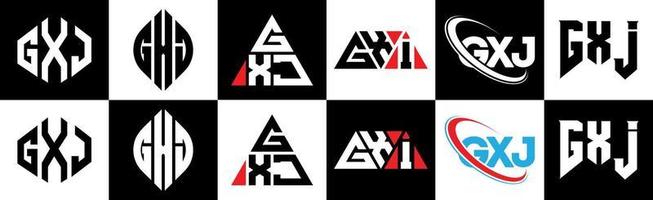 GXJ letter logo design in six style. GXJ polygon, circle, triangle, hexagon, flat and simple style with black and white color variation letter logo set in one artboard. GXJ minimalist and classic logo vector