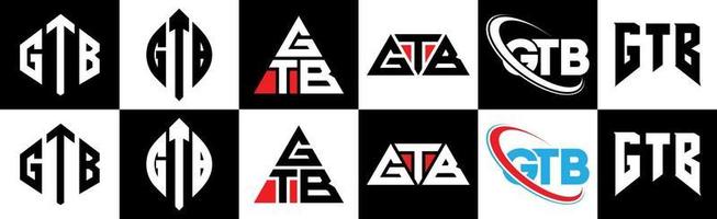 diseño de logotipo de letra gtb en seis estilos. polígono gtb, círculo, triángulo, hexágono, estilo plano y simple con logotipo de letra de variación de color blanco y negro en una mesa de trabajo. logotipo minimalista y clásico de gtb vector