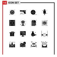 Set of 16 Commercial Solid Glyphs pack for film electronic album electric cable Editable Vector Design Elements