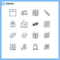 Mobile Interface Outline Set of 16 Pictograms of bar lock paint education repair Editable Vector Design Elements