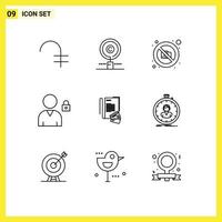 Group of 9 Modern Outlines Set for notebook user property lock photography Editable Vector Design Elements