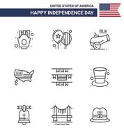 Modern Set of 9 Lines and symbols on USA Independence Day such as party decoration usa big gun thanksgiving american Editable USA Day Vector Design Elements