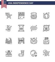 USA Independence Day Line Set of 16 USA Pictograms of drink bottle shield usa festival american Editable USA Day Vector Design Elements