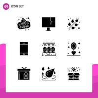 Set of 9 Commercial Solid Glyphs pack for farm agriculture warning smartphone device Editable Vector Design Elements