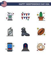 Set of 9 Vector Flat Filled Lines on 4th July USA Independence Day such as american shose flower usa cola Editable USA Day Vector Design Elements