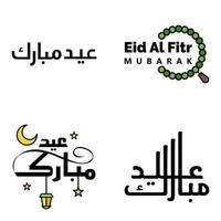 paquete de 4 fuentes decorativas diseño de arte eid mubarak con caligrafía moderna luna colorida estrellas linterna adornos hosco vector