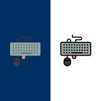 interfaz de dispositivo teclado ratón obsoletos iconos planos y llenos de línea conjunto de iconos vector fondo azul