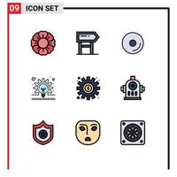 Mobile Interface Filledline Flat Color Set of 9 Pictograms of money cogs cd idea concept Editable Vector Design Elements