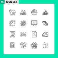 Set of 16 Vector Outlines on Grid for music security flag network computer Editable Vector Design Elements