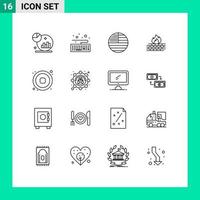 Set of 16 Vector Outlines on Grid for music security flag network computer Editable Vector Design Elements