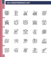 Set of 25 Modern Lines pack on USA Independence Day house sign drum star shield Editable USA Day Vector Design Elements