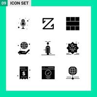9 Universal Solid Glyphs Set for Web and Mobile Applications management globe crypto currency business layout Editable Vector Design Elements