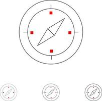 dirección de navegación brújula gps negrita y delgada línea negra conjunto de iconos vector