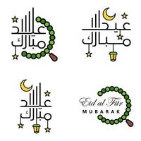 feliz eid mubarak mano carta tipografía saludo remolino pincel tipo de letra paquete de 4 saludos con estrellas brillantes y luna vector