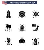 Big Pack of 9 USA Happy Independence Day USA Vector Solid Glyphs and Editable Symbols of flag mine star cart day Editable USA Day Vector Design Elements